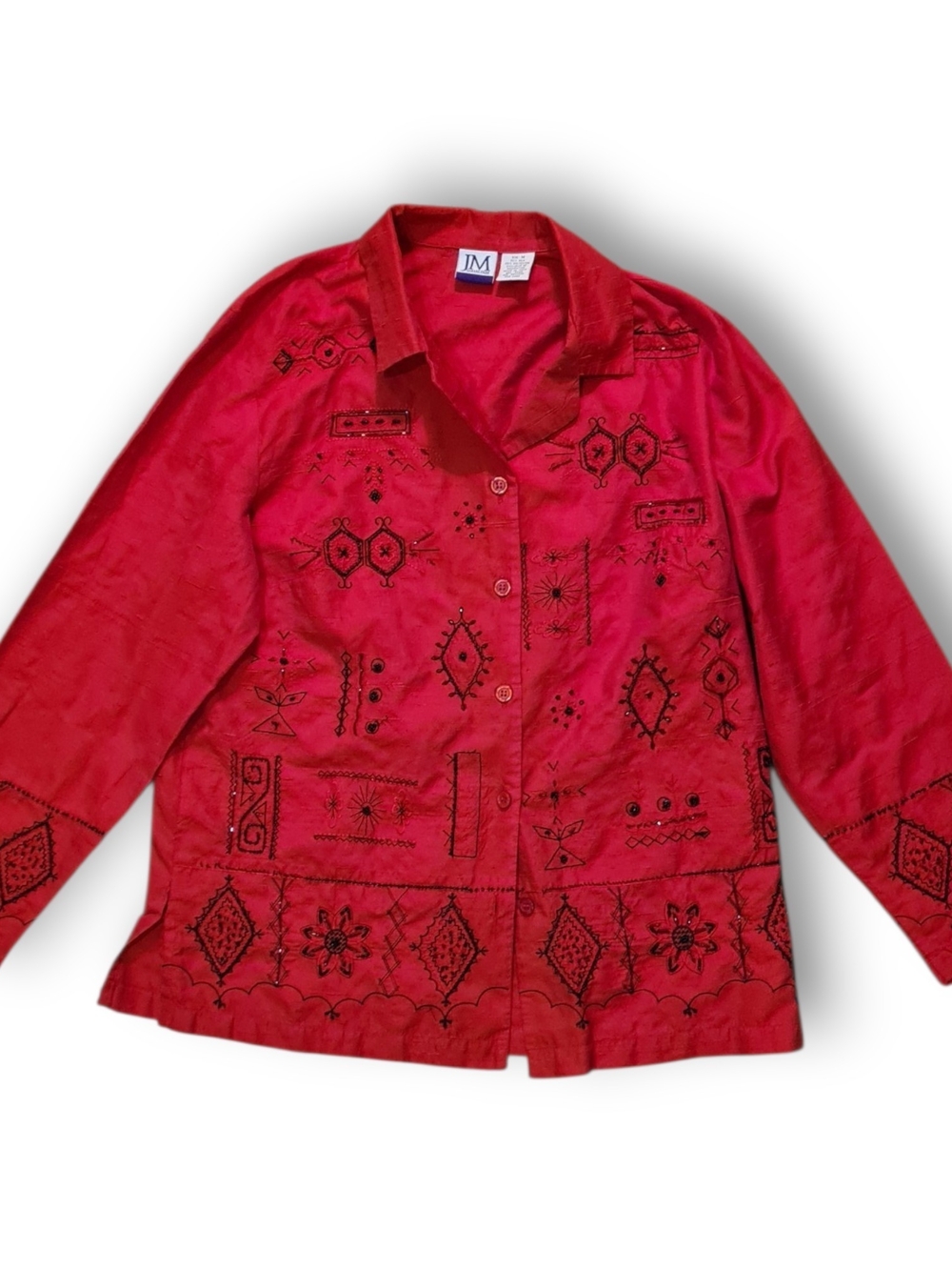 Vintage Silk Blend JM Collection Red Button-Front Beaded Embroidered Shirt